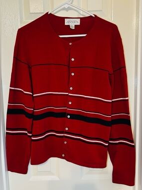 Casual Corner Red Striped Cardigan with Black & White Accents